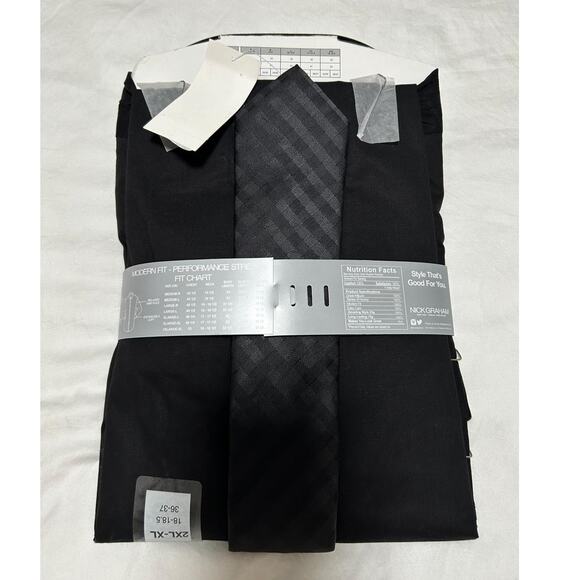 Nick Graham Mens Black Stretch Shirt Tie Set Modern Fit 2XL (18 - 18.5) 36/37 - Picture 2 of 5